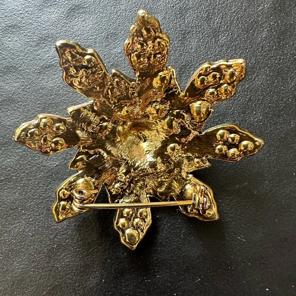 Vintage Flower Brooch Iridescent Rhinestones Gold Tone Metal